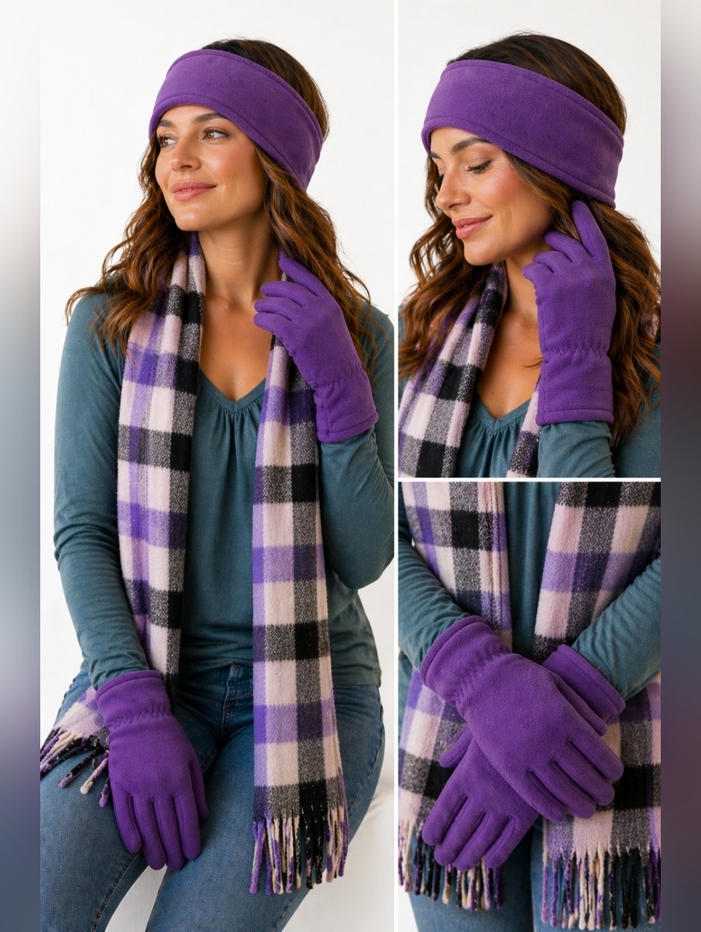 Purple Fleece Glove and Plaid Scarf Set - Picture 2 of 3